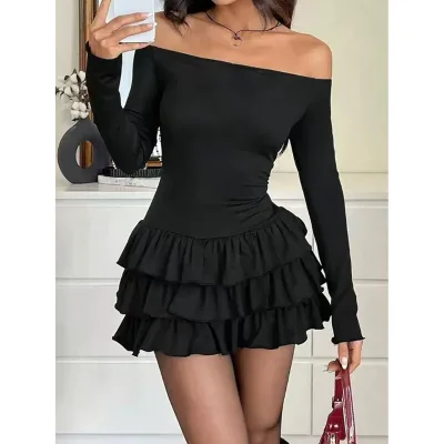 Cross-border Fashion Slim-fit Long-sleeved Waist-cinching Pleated Dress with Elegant Temperament