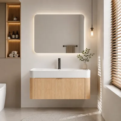 Contemporary Floating Solid Wood Bathroom Vanity Cabinet with Marble Basin Lighted & Easy Clean Features for Home