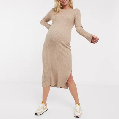 Long Sleeve Dovetail Daily Life Knitted Solid Mid-Calf Winter Sweater Stretch Maternity Dress With Slit
