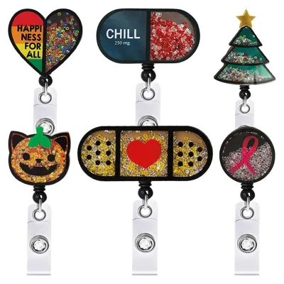 New Glitter Nurse Badge Reel Medical Nurse Shaker Holder with Pill Ribbon Pumpkin Christmas Tree