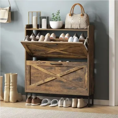 Freestanding Shoe Storage Cabinet with 2 Rattan Flip Drawers Narrow Entryway Organizer Metal Legs Shoe Rack Stand