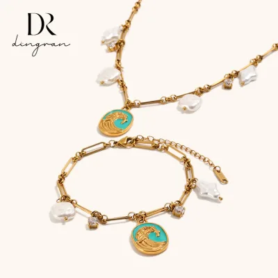 Europe and America Fashion Stainless Steel Plated 18K Gold Oil-drop Wave Pattern Imitation Pearl Pendant Bracelet and Necklace