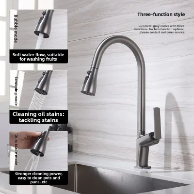3-Function Hot Cold Pull-Out Kitchen Faucet Ceramic Single Handle Deck Mounted Brass Modern Minimalist Style (CE Certified)
