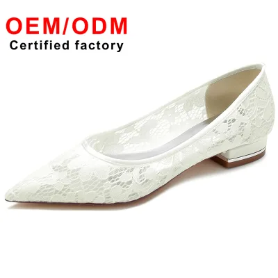 2025 New Fashion Designer Non-Tiring Bridal White Mesh Wedding Pumps with Low Heels Lace Slip-on Fashion Shoes Women
