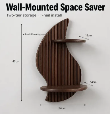 Irregular Wave Fluted Wooden Wall Mount Floating Shelf 2-Tier Curved Floating Display Rack Decor Wall Storage Organizer