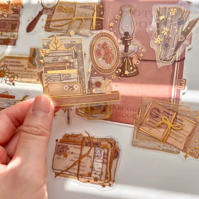 Custom High Quality Gold Foil Vintage Mails Letters Transparent PVC Sticker , Scrapbook Die Cut Journal Deco Planner Stickers