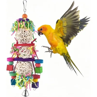 Bird Hanging Shredder Toy with Natural Sola Balls  Wood Block Bell for Intellectual Training and Play Bird Cage Accessories