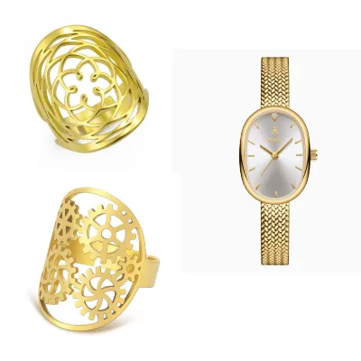 18K Gold Plated Elegant Cut Stainless Steel Open Ring Watch Women 3pcs Women Set Fashion Accessories