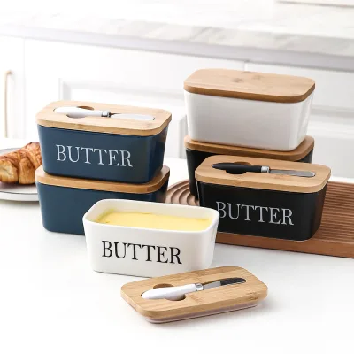 Customized Logo Ceramic Butter Dish With Bamboo Lid Butter Keeper Container