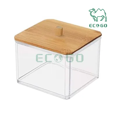 Makeup Cosmetic Organizer Bamboo Lid Cosmetics Clear Cotton Ball and Swab Holder Little Stuff Organizer