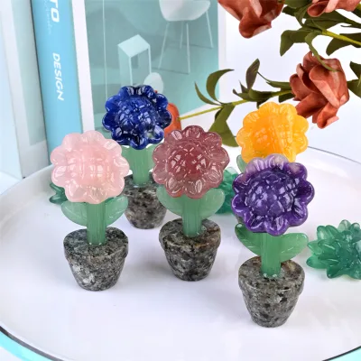 New Arrival Hand Carved Gemstone Potted Plants Healing Crystal Sunflower for Gift