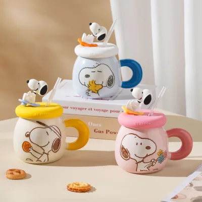 Cute Cartoon Snoopys Ceramic Coffee Mug with Cover and Straw 500ml Capacity for Gift