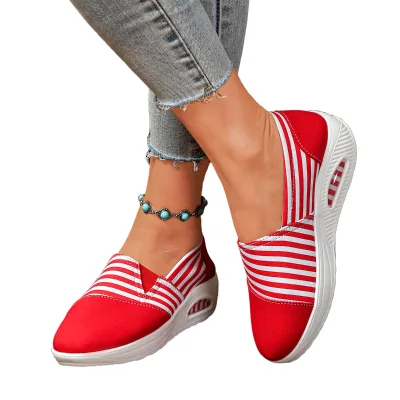 Women's Navy White Striped Cotton Upper PVC Insole Rubber Outsole Slip-On Light Weight Air-Cushioned Casual Walking Shoes Autumn