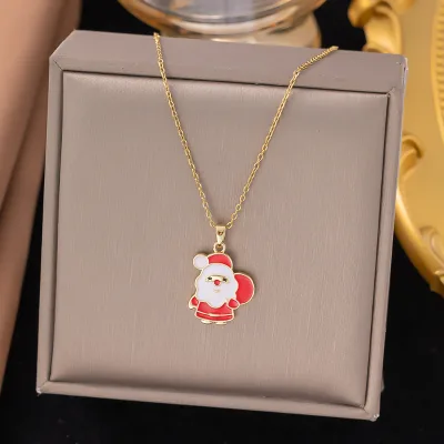 Noel Alloy Holiday Santa Tree Micro Inlay Enamel Pendant Festive Necklaces