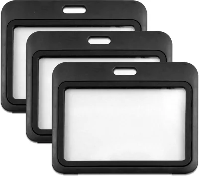 Horizontal Hard Plastic ID Badge Holders Double Sided Black Card Case for Office School Credit & Access Cards