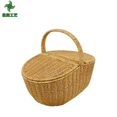Fashion Sustainable Handmade Multi-Functional Flower Fruit Wicker Picnic Gift Storage Baskets With Lid Handle Outdoor Camping