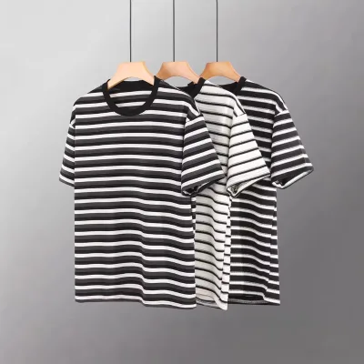 Cross-border 270g Heavy-duty Gear Texture Striped Carbon Brushed Loose-fit Trendy Versatile Japan Style Breathable T-shirt Men