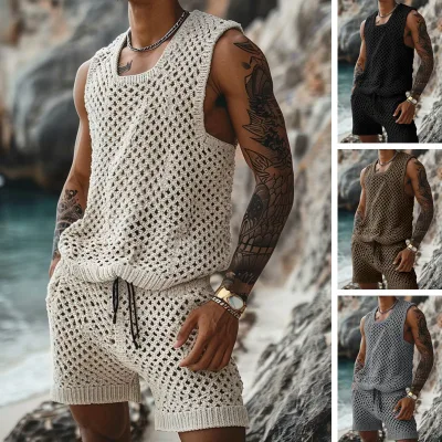 Summer New Casual Cut-Out Set Fitted Round Neck Pullover Short Sleeve Casual Loose Five-Point Shorts Men'S Shirt Suit Wholesale