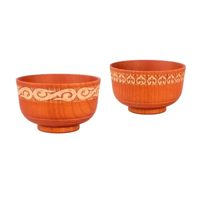 4.45 Inch Xiangyun Pattern Carved Salad Wooden Bowl Antique Natural Jujube Wood Round Rice Bowl