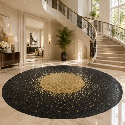 Luxury Black Gold Round Mosaic Medallion for Hotel Lobby Floor, Custom Glass Stone Art Tile for Villa Foyer & Bathroom Decor