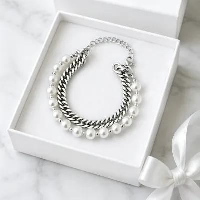 Fashion Pearl Bead Cuban Link Chain Bracelet Adjustable Stainless Steel Double Layer Chain Bracelet