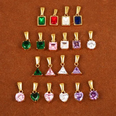 Wholesale Bulk Geometric Small Pendant Stainless Steel Colorful Diamond Heart Triangle Rectangle Round Zircon Necklace Charms