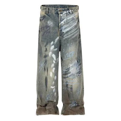 Unisex Wide Leg Pants All Over Distressed Fashion Street Grunge Style Custom Vintage Graffiti Damaged Wash Baggy Jean