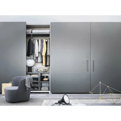 Matte Grey Sliding Door Wardrobe Minimalist Closet with Concealed Long Pull Handles Modular Drawer & Open Cubby Storage Layout