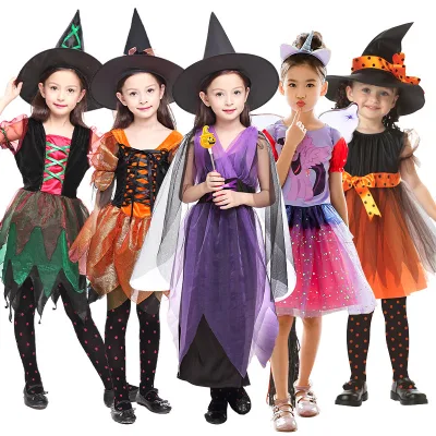 2023 Halloween Cosplay Costumes Fancy Girl Witch Dress Unique Designs Role Play Outfit With Witch Hat for Kids