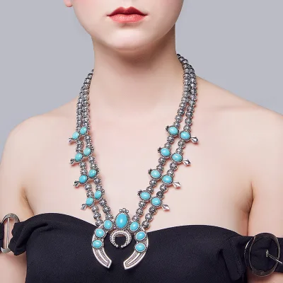 2024 Vintage Layered Beaded Pumpkin Flower Antique Turquoise Necklace