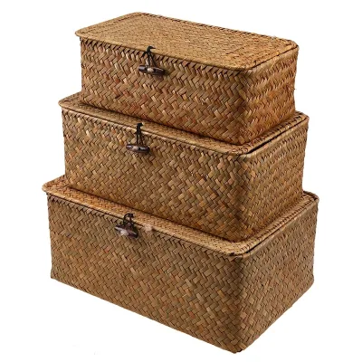 Handmade Seagrass Woven Storage Box Seaweed Storage Basket with Lid Sundry Bath Cosmetic Towel Container