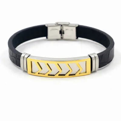 Simple Jewelry Imitation Leather Hollow Hook Shape Golden Stainless Steel Bracelet for Men