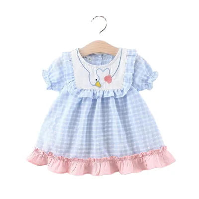 Factory Customization Cute Breathable Swan Print Summer Skirt Cotton Girls Short-Sleeved Plaid Design Patchwork Color Baby Girls
