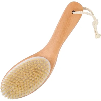 Dry Brushing Body Brush with Contoured Wooden Handle,Natural Bristle Exfoliating Scrubber for Lymphatic Drainage,Dry Skin