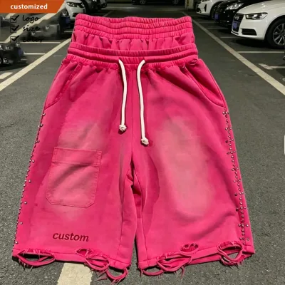 OEM Hip Hop Streetwear Custom Men's Vintage Wash Diamonds Distressed Ripped Rhinestone Denim Shorts Jorts