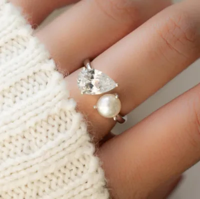 Pearl Ring Two Stone Ring Promise Ring, Vintage Ring, Gift for Her, Gemstone Ring, Zircon