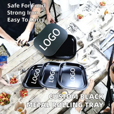 Custom Printed Black Iron for with Magnetic Lid Durable Lacquered Finish Portable Smoking & Tobacco Serving Tray LQ
