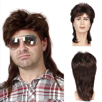 Factory Fast Delivery Mullet Wig for Men Heavy Metal Curly Short Medium Made Lace Synthetic Fiber Cosplay Halloween Wig Cover