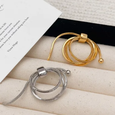 Ins-style Unique Design Geometric Multi-layer Wrapped Snake Bones Chain Ring Adjustable Copper Plated Real Gold Ring for Women