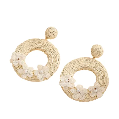 Natural Raffia Earrings Gold Plated INS Design Sense Pastoral Style Flower Bohemian Drop Earrings Simple Woven Oval Fine Jewelry