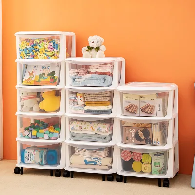 Movable 3~5 Layers Dustproof With Cover Storage Drawers Plastic Children's Toys Clothes Sundries Storage Rack With Wheels