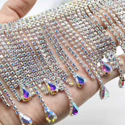 Water Tear Drop Fancy Crystal Rhinestone Fringe Chains, Claw Chain Tassel Cake Decoration Latin Crystal AB Shiny Diamond Belt