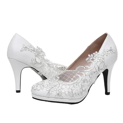 Women High Top Summer Wedding Party Shoes White Lace Mesh Rubber Solid High (5cm-8cm) Heel Bride Shoes