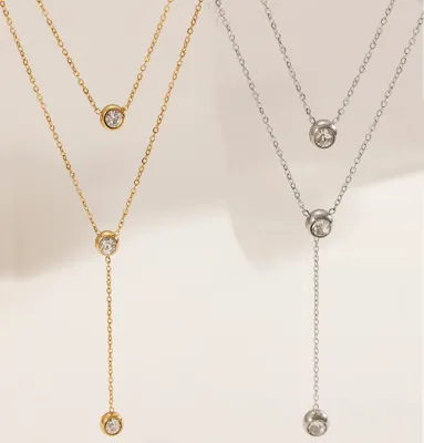 Stainless Steel Double Chain Necklace Crystal Rhinestone Single Charm Necklace Single diamond Charm Tassel Double Layer Necklace