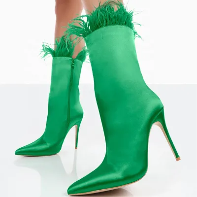 Handmade Fur Soft Upper New Design Shoes Custom Made Big Size 43 High Heel Booty Pointy Toe Women Ankle Boots Dress