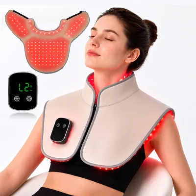 Cordless Leather Red Light Therapy Wrap for Neck and Shoulders 120 LEDs 3-in-1 Chips 660nm 850nm with Pulse and Timer
