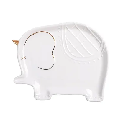 3D Ceramic Plate Elephant Shaped Creative Quality Dinner Tray Dish, White with Gold Details Personalized