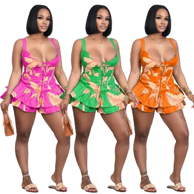 BN238-summer Women Set 2pcs 2024 Summer Sets Women Printed Pleated Mini Skirt Set Two Piece