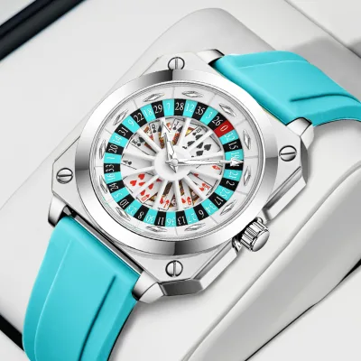 God of Gamblers Poker-Themed Quartz Movement Men's Watch with Silicone Band 42mm Dial Pointer Display Waterproof & Luminous