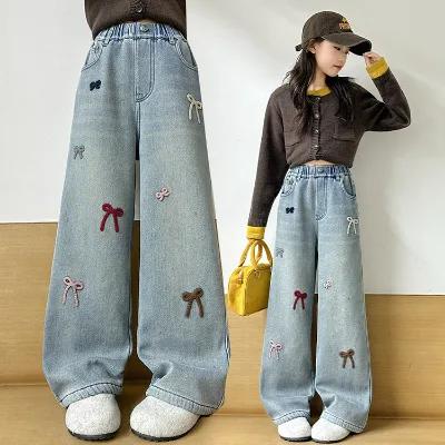 Girls' Bow High Waist Loose Straight Jeans Spring Autumn 2026 New Arrival for Big Boys and Girls Children